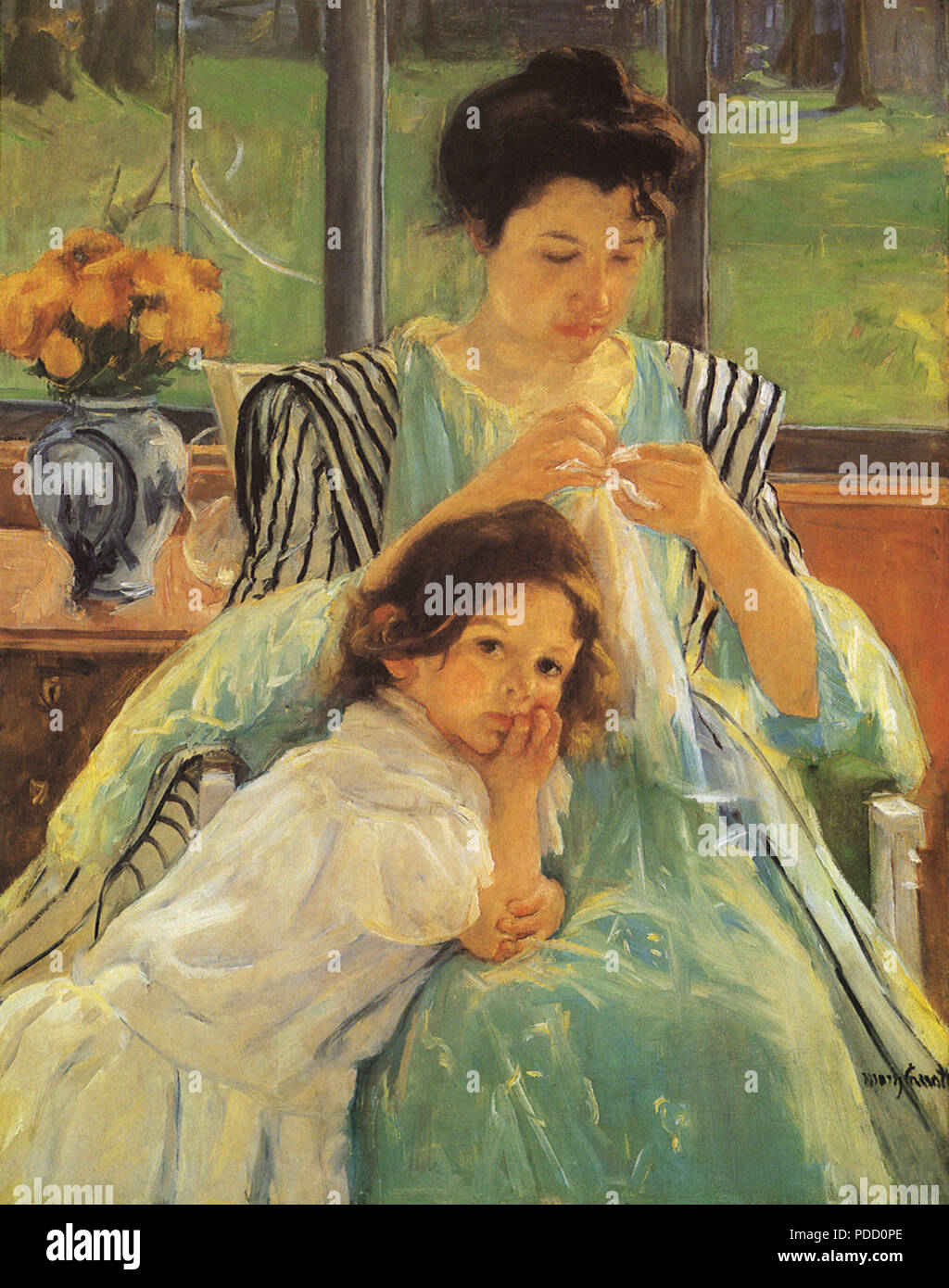 Junge Mutter Nähen, Cassatt, Mary, 1900. Stockfoto