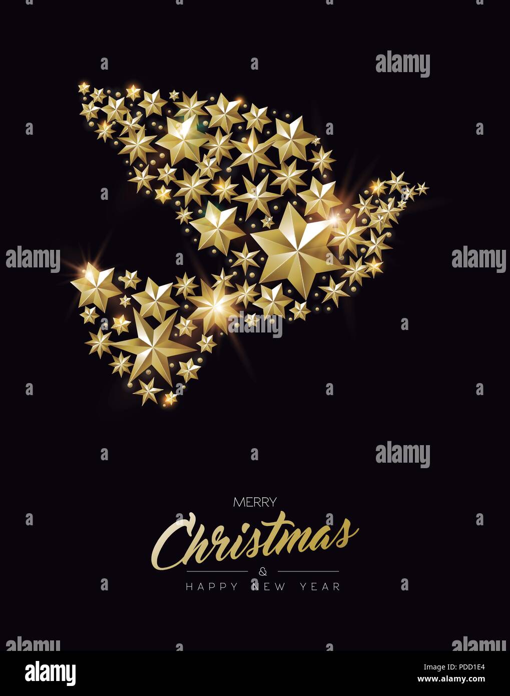 Frohe Weihnachten, Neujahr Grußkarte mit realistischen gold Sterne und Glitter, elegante Friedenstaube Form. Luxus goldener Dekoration für Weihnachten seaso Stock Vektor