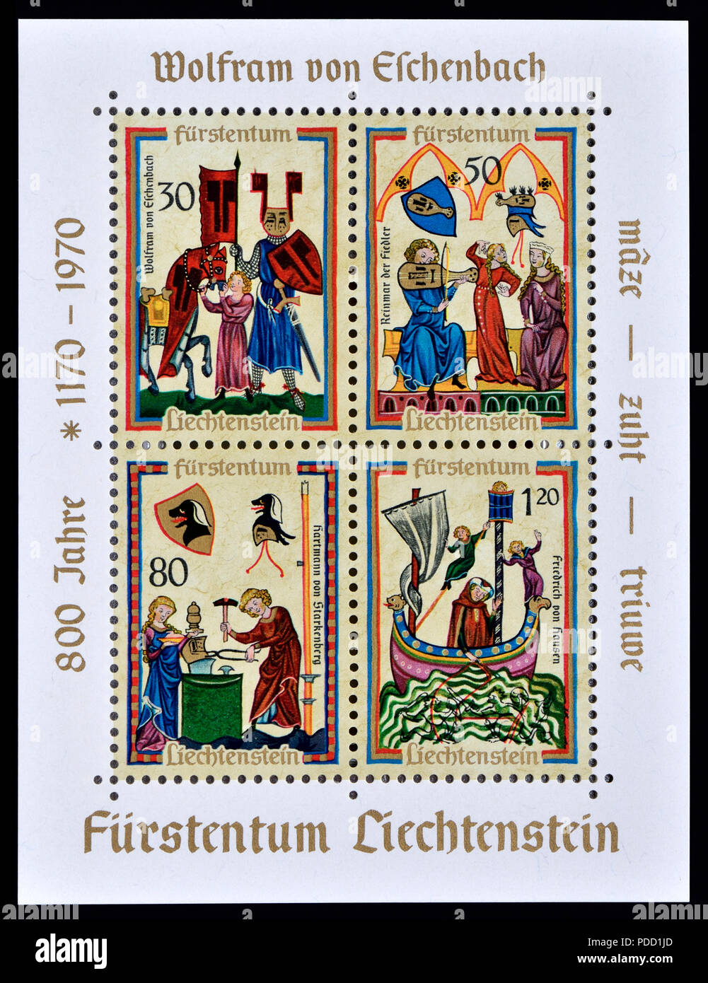 Liechtenstein Briefmarken (1970): 800-Jahr-Feier der Geburt des Wolfram von Eschenbach (C.1170-C.1220) Deutsche Ritter, epischer Dichter und Minnesing Stockfoto