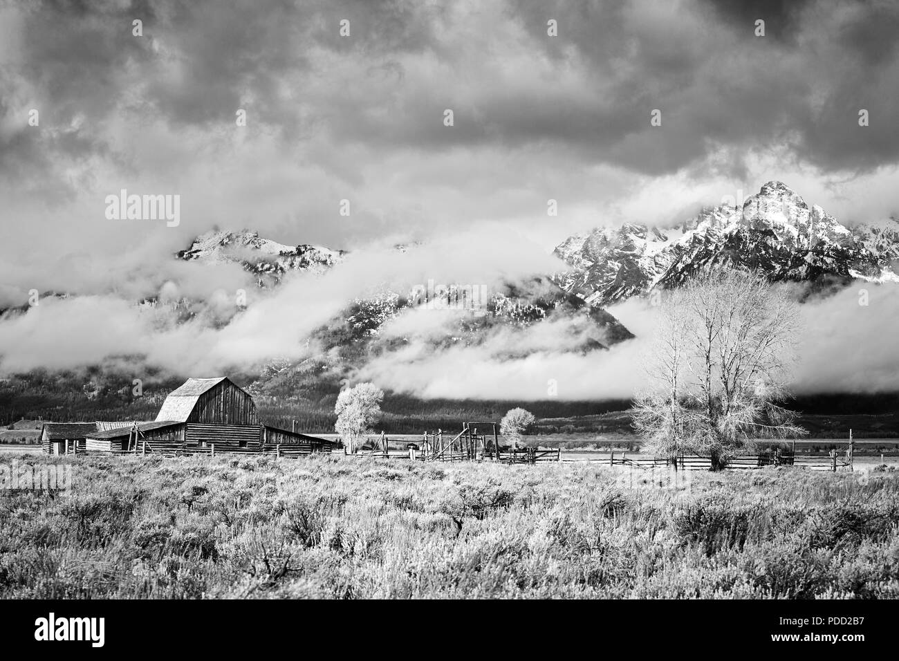 Teton Bergkette mit Molton Scheune in Wolken, Grand Teton National Park, Wyoming, USA. Stockfoto