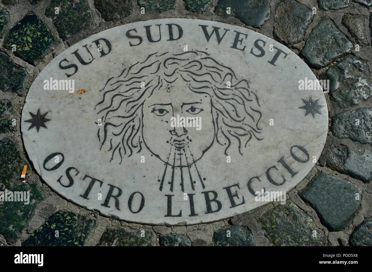 Süd Süd West-1 Der 16 elliptische weiße Marmor Marker mit der Compass Point und den Namen der Wind aus dieser Richtung gekennzeichnet, Vatikanstadt Stockfoto