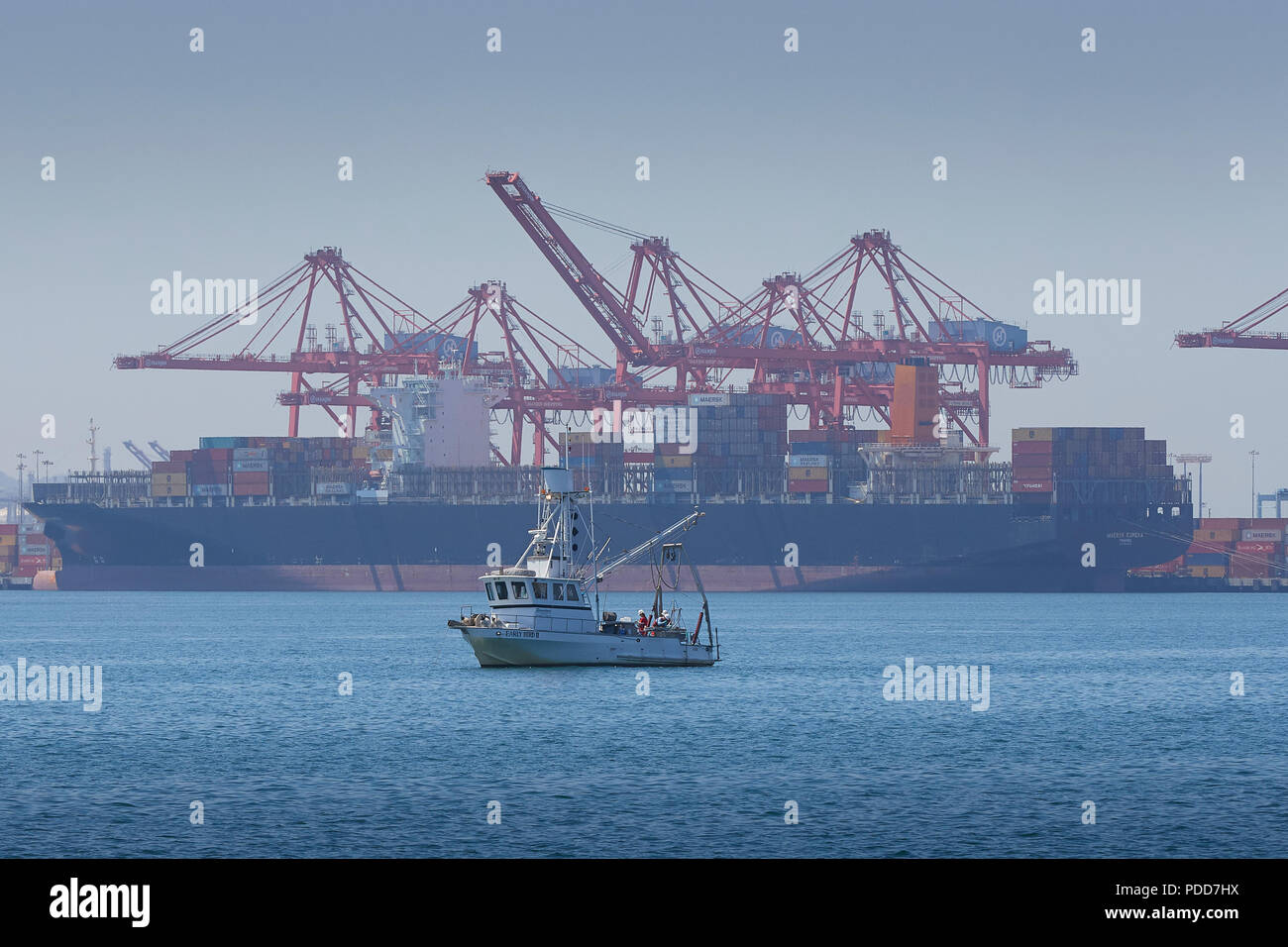 Der kommerzielle Fischfang Boot, EARLY BIRD II, Angeln im Hafen von Long Beach, das Containerschiff MAERSK EUREKA, Laden hinter sich. Kalifornien, USA. Stockfoto