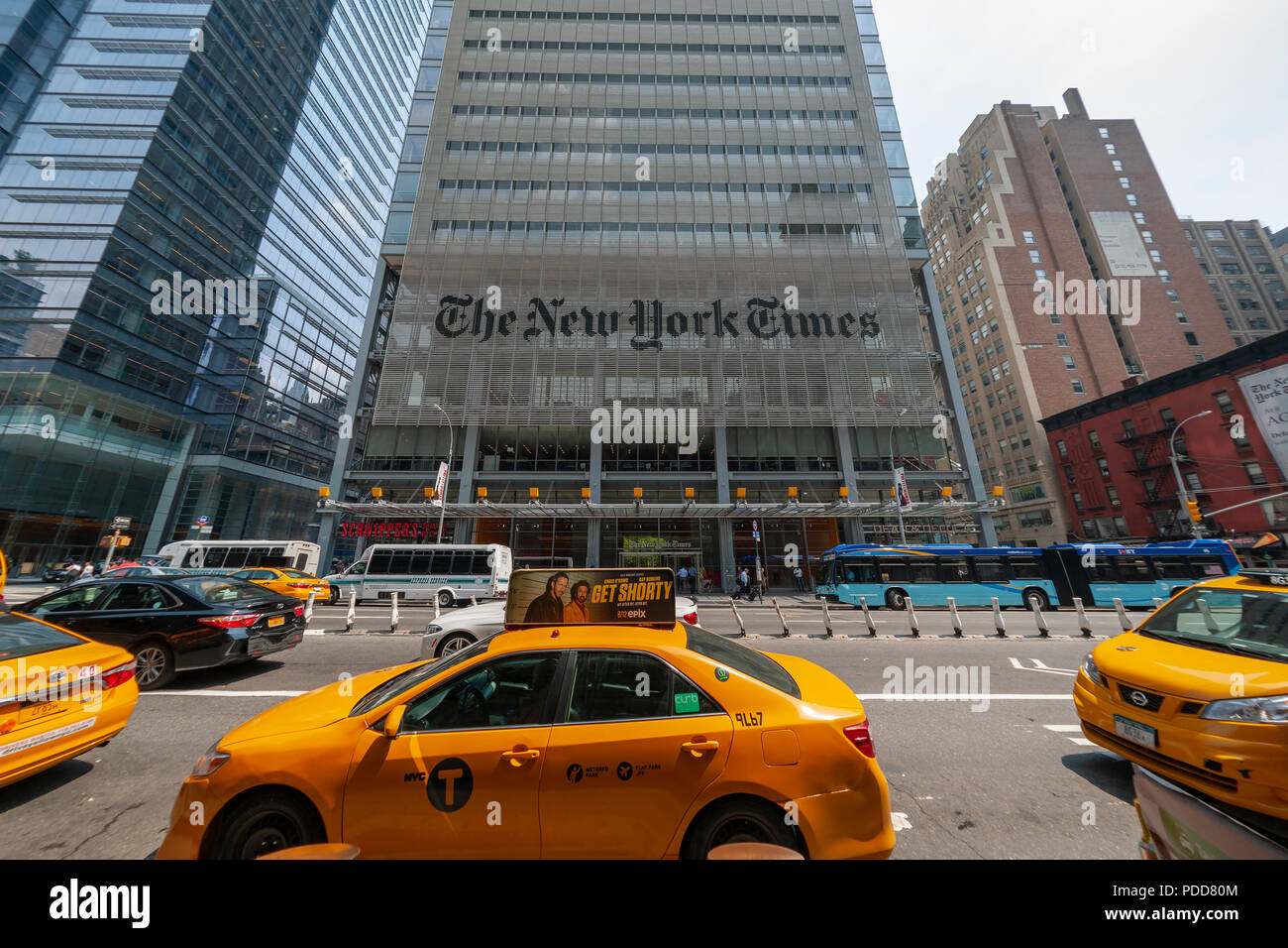 Die Büros der New York Times media Empire in Midtown in New York am Dienstag, 7. August 2018. Die New York Times ist geplant mit dem erzielten Ergebnis im zweiten Quartal am 8. August zu melden. (Â© Richard B. Levine) Stockfoto