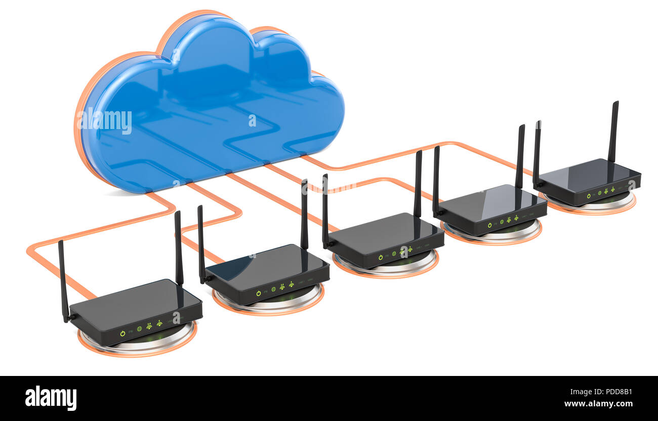 Netzwerk Verbindung Konzept. Computer cloud mit Routern, 3D-Rendering auf weißem Hintergrund Stockfoto