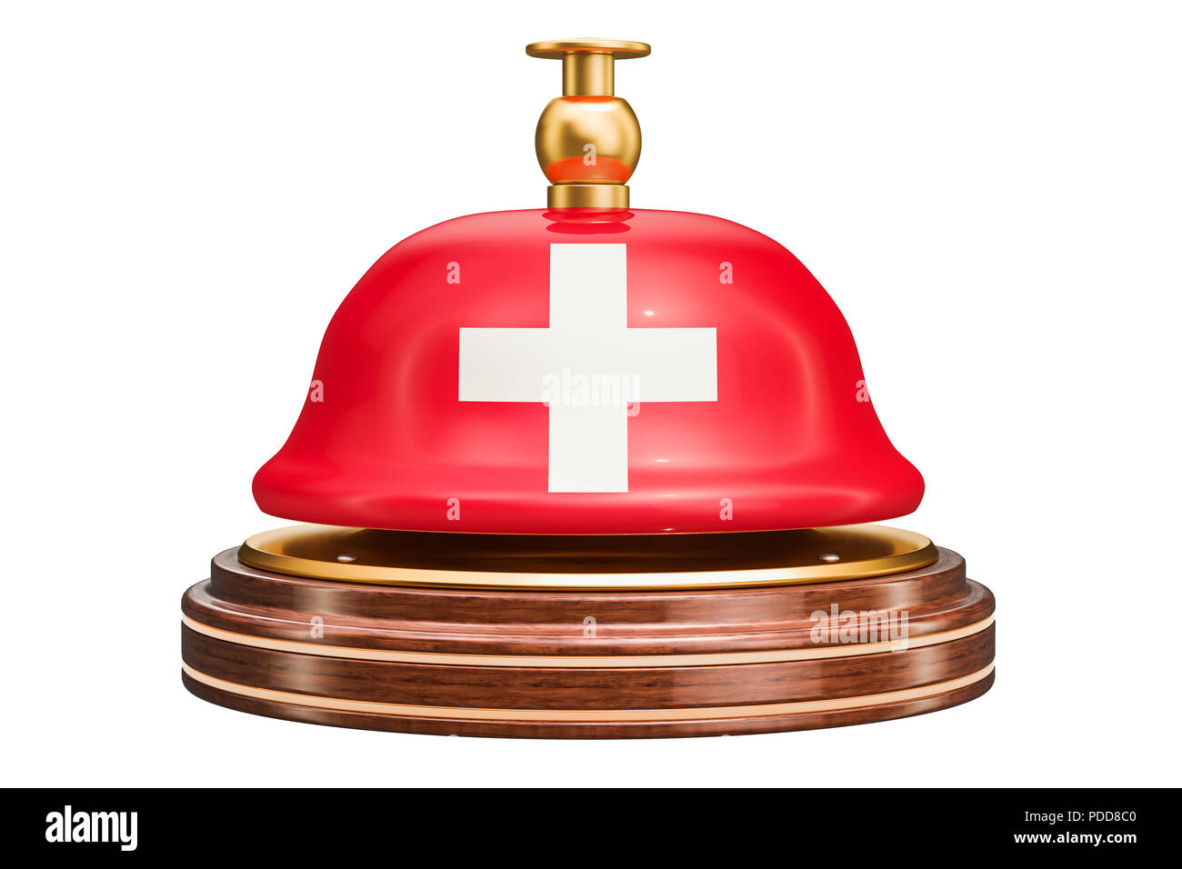 Rezeption Glocke mit Schweizer Flagge, Service Konzept. 3D-Rendering auf weißem Hintergrund Stockfoto