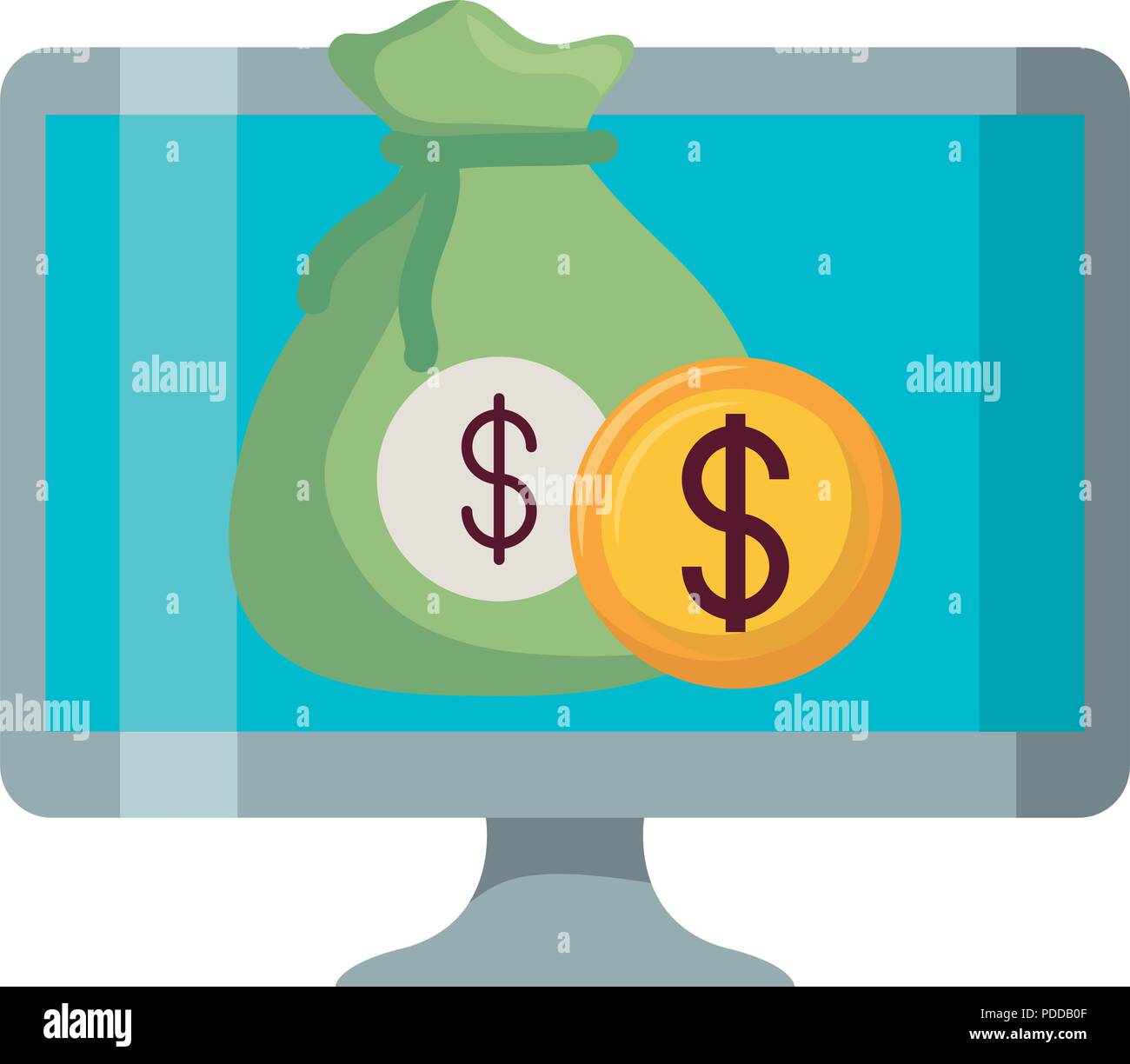 Computer mit Geld Sack und Münze auf weißem Hintergrund, Vector Illustration Stock Vektor