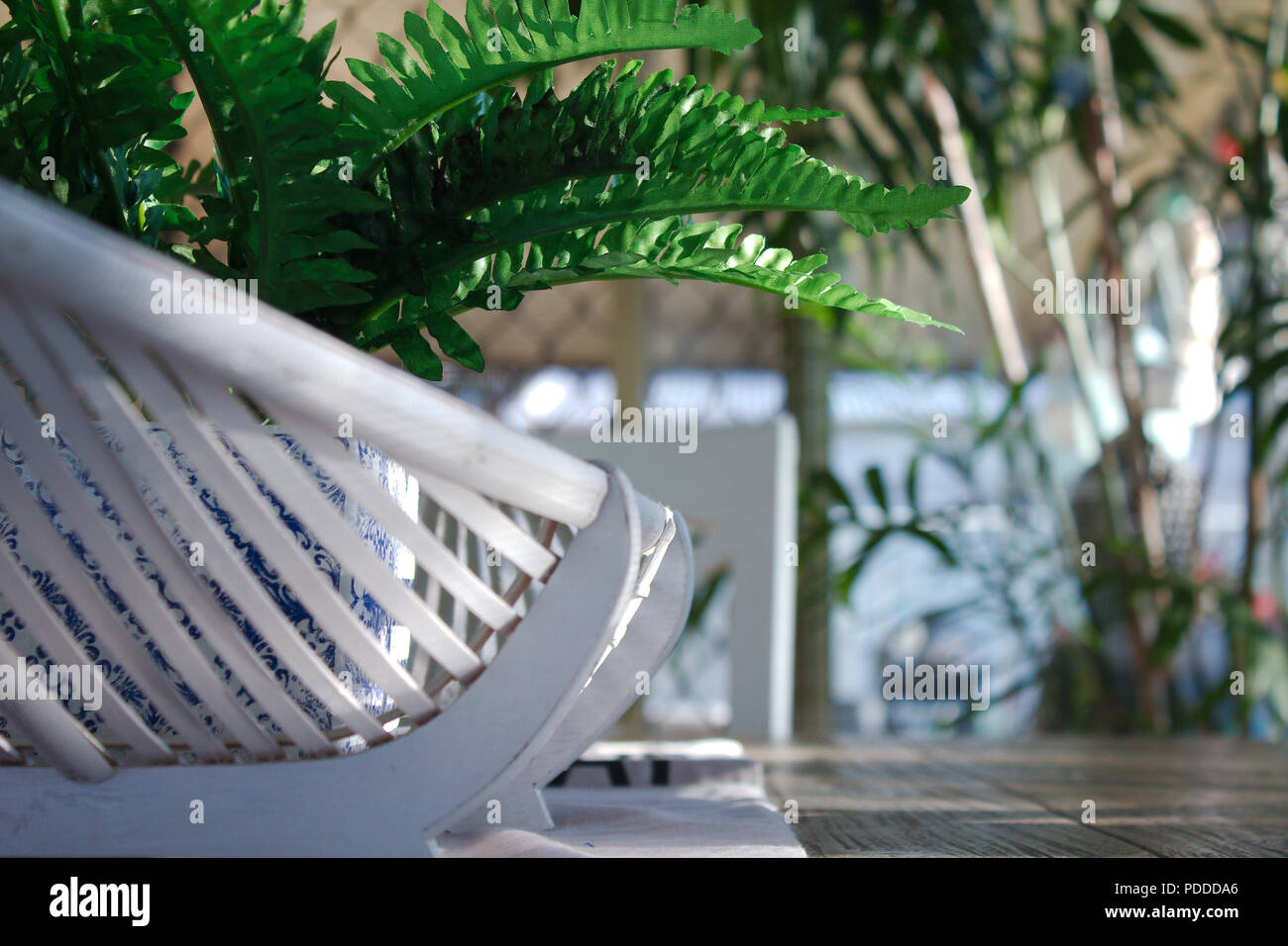 Eine gefälschte grünen Farn Pflanze in einem blau-weiße Übertopf sitzt in einem weißen Stock Ovaler Korb. Die Einrichtung befindet sich in der Mitte ein Esstisch aus Holz. Stockfoto