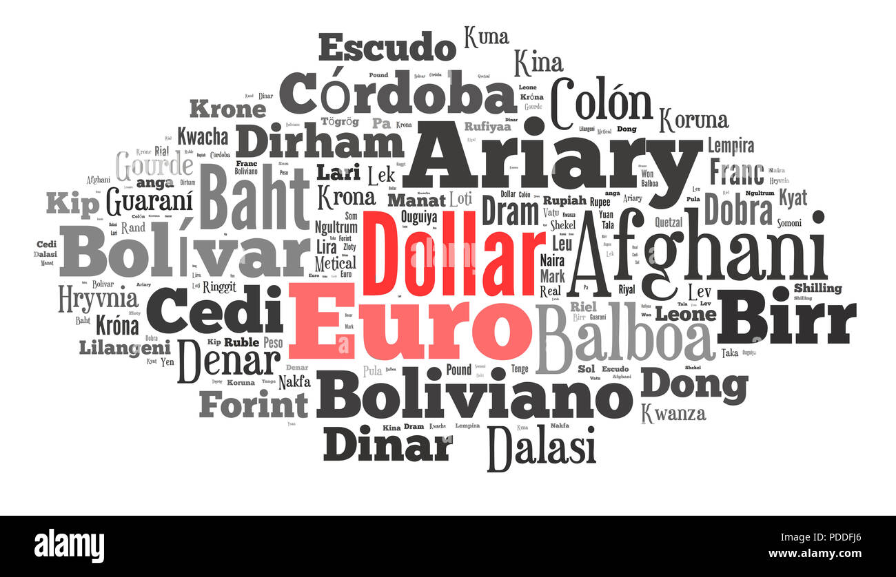 Hintergrund Konzept wordcloud Abbildung: Währungen der Welt Stockfoto