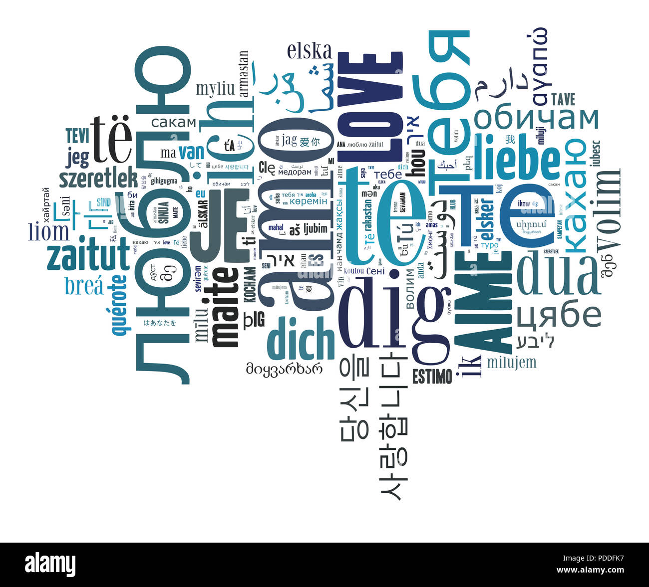 Liebe und Valentinstag Liebe wordcloud Konzept, Text in verschiedenen Sprachen Stockfoto