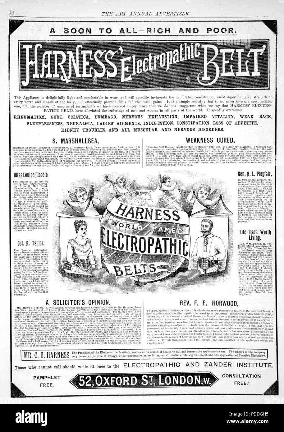 CORNELIUS BENNETT KABELBAUM eine Anzeige 1893 für das Produkt seine medizinische Akku des Unternehmens. Im gleichen Jahr wurde der Pall Mall Gazette ausgesetzt als Betrug und beschrieb ihn als einen Scharlatan. Stockfoto