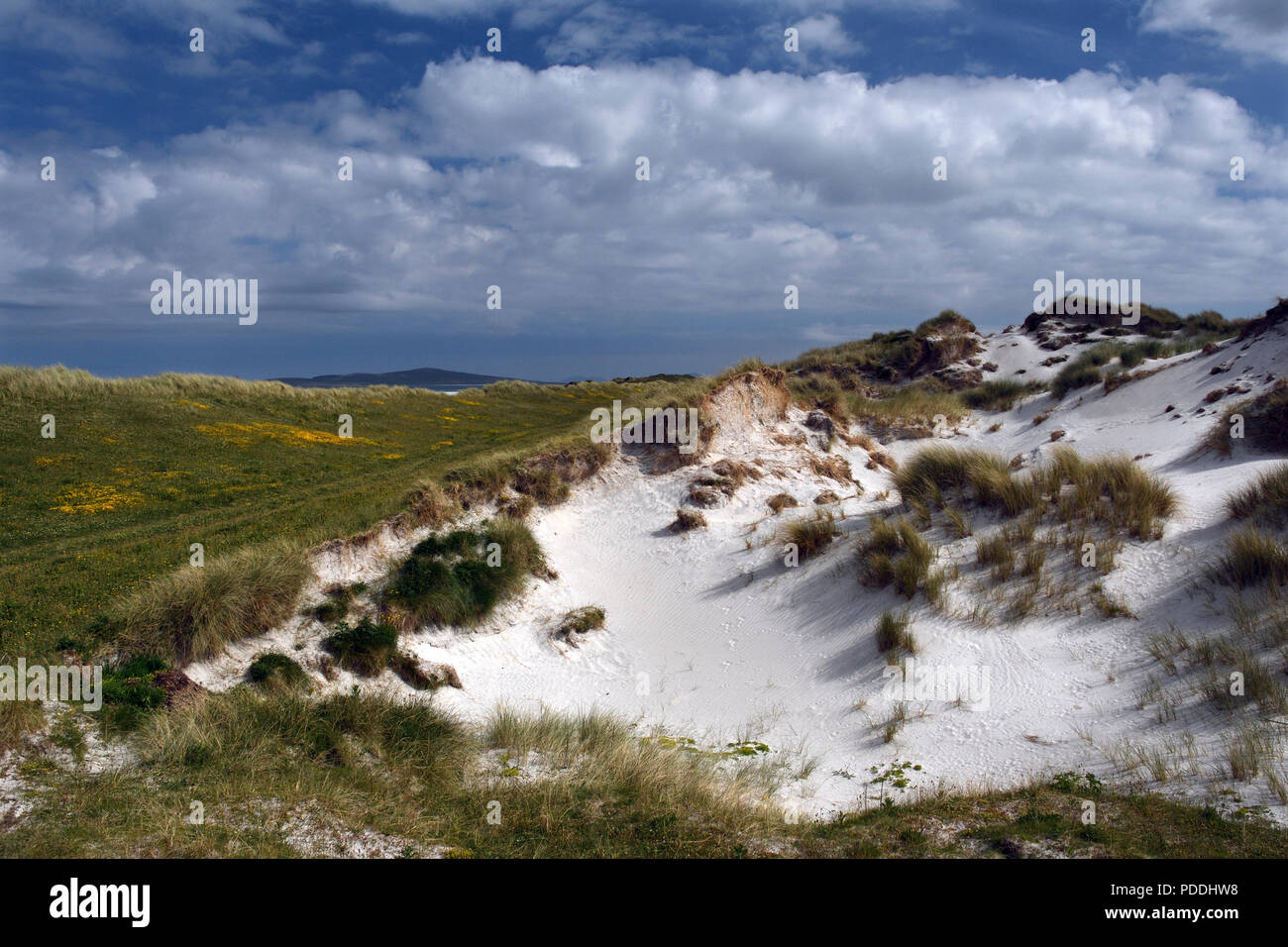 Sand dune gegen den dunklen Himmel; Clachan Sands; machair; North Uist, Schottland Stockfoto
