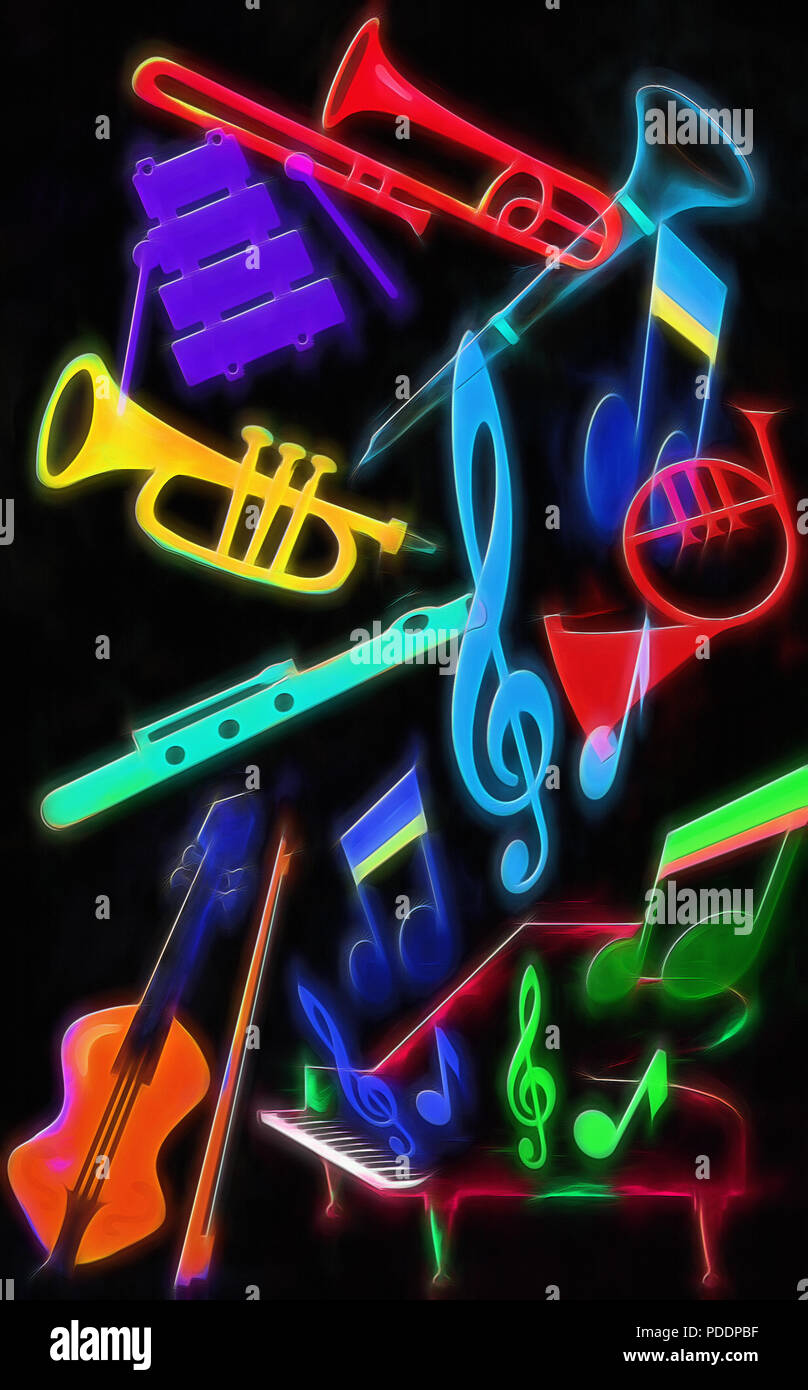 Verschiedene grafische Elemente verbinden die verschiedenen Instrumente der Musik der klassischen Vielzahl zu vertreten. Stockfoto