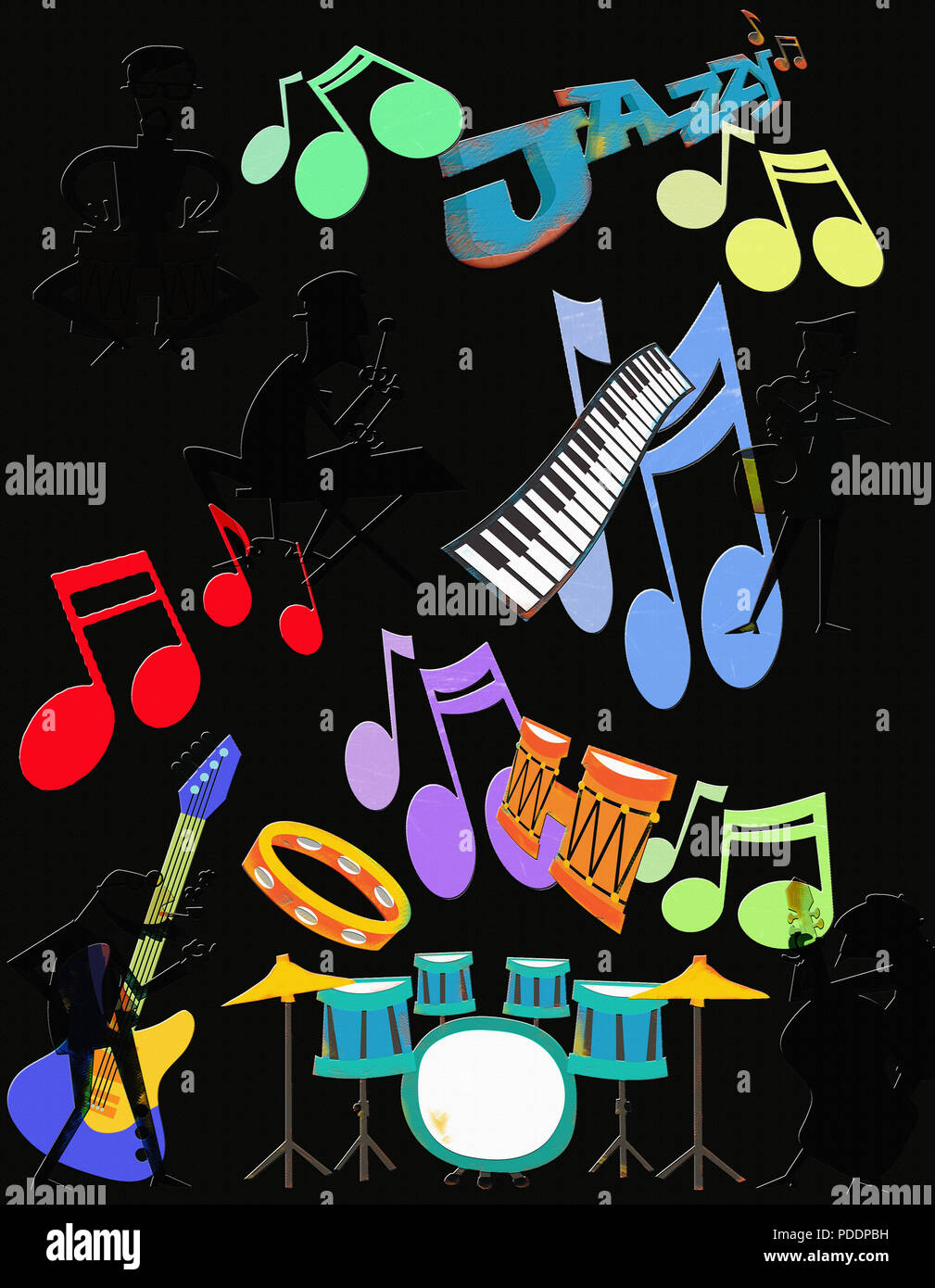 Verschiedene grafische Elemente kombinieren die "Hipster" Ära und der Pappel musikalische Genre des Jazz zu repräsentieren. Stockfoto