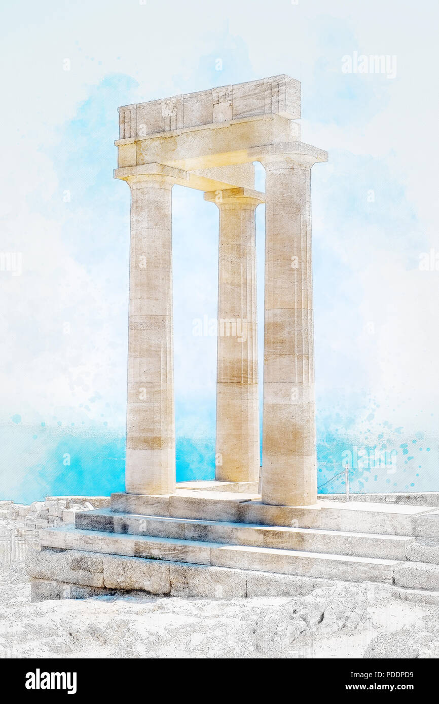 Berühmte griechische Tempel Säule gegen den klaren, blauen Himmel und Meer in Lindos Akropolis Rhodos Athena Tempel, Griechenland. Mix hand gezeichnete Skizze Abbildung Stockfoto