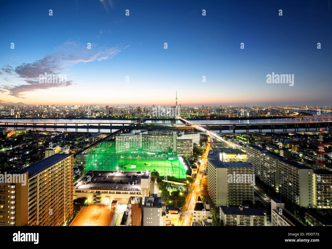 Wirtschaft und Kultur Konzept für Immobilien und Corporate Bau - Panoramablick auf die moderne Skyline der Stadt aus der Vogelperspektive aerial Nacht Ansicht mit Tokio skytree Stockfoto