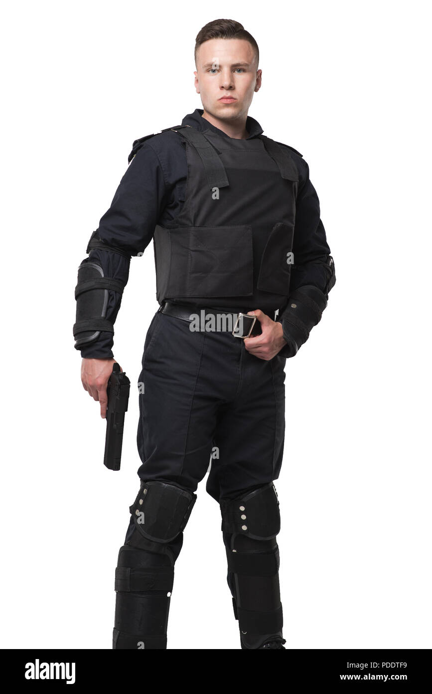 Bewaffnete Spezialeinheit Soldat in schwarzen Uniform Stockfoto