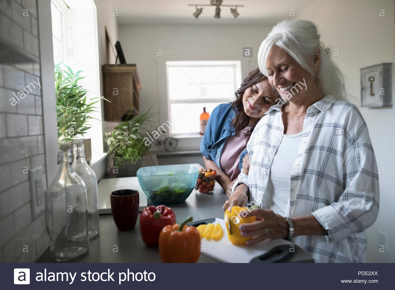 Liebevolle Tochter und Mutter kochen, Schneiden von Gemüse in der Küche Stockfoto