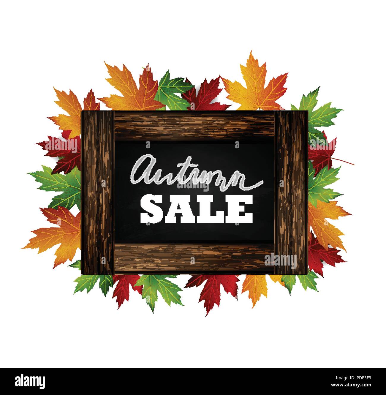 Herbst Sale. Herbst Blätter sind mit Kreide auf einer schwarzen Tafel gezeichnet. Skizze, Designelemente. Vektor. Stock Vektor
