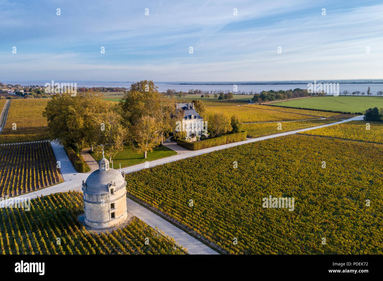 Frankreich, Gironde, Medoc, Pauillac, Château Latour, den berühmten Turm und die Mündung der Gironde im Hintergrund (Luftbild) // Frankreich, Gironde (33), Médoc, Pau Stockfoto