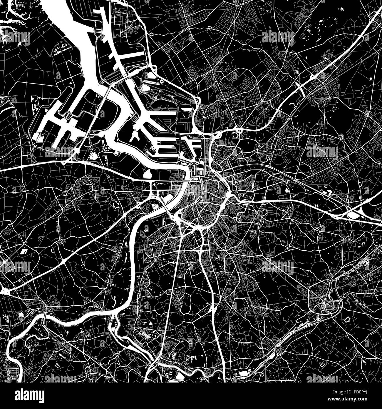 Lageplan von Antwerpen, Belgien. Der dunkle Hintergrund Version für Infografik und Marketing. Diese Karte von Antwerpen, Flämische Region, enthält Straßen, Binnenwasserstraßen Stock Vektor