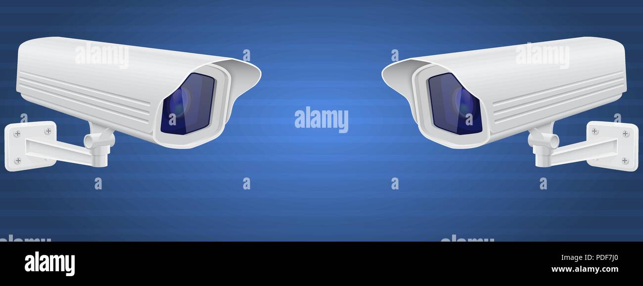 Überwachungskameras. Weiß CCTV-Überwachungssystem auf blauem Hintergrund Stock Vektor