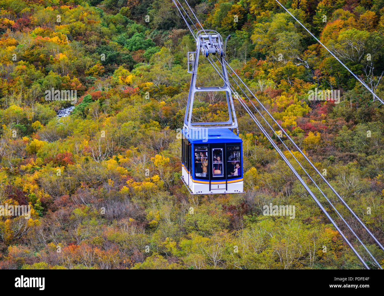 Nagano, Japan - Nov 4, 2017. Seilbahn auf Herbst Berg in Nagano, Japan. Nagano war der Ort der Olympischen Winterspiele 1998. Stockfoto