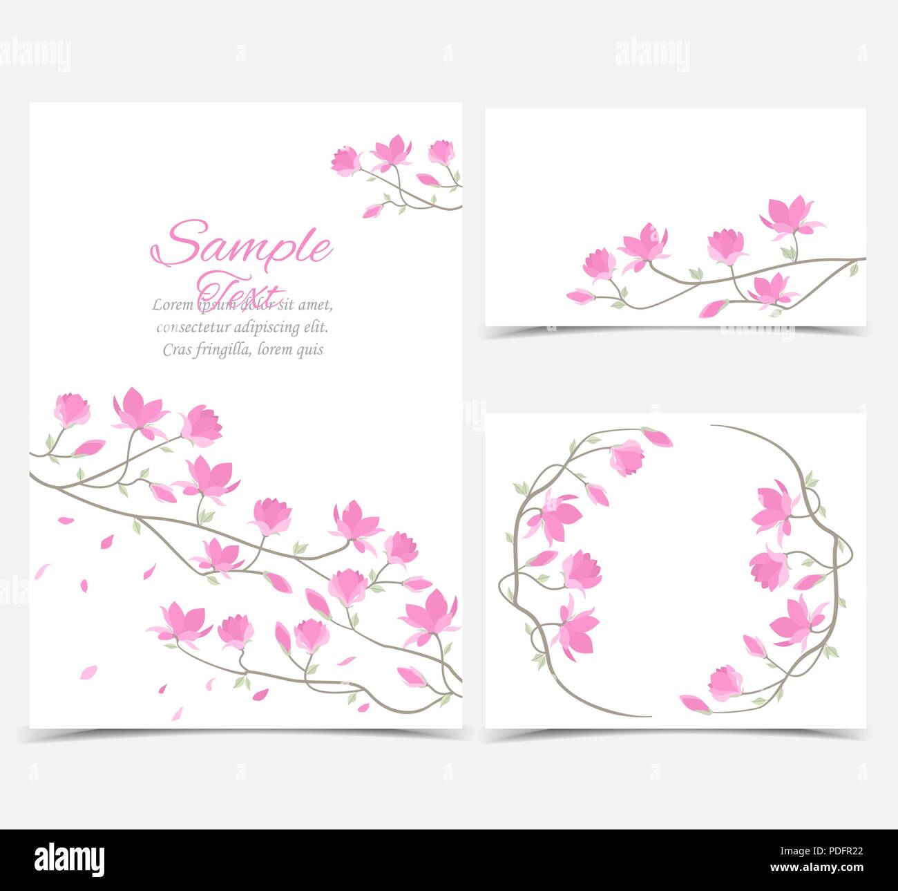 Set Vector Illustration rosa Blüten auf der Karte. Rosa Feder Magnolia Blumen Zweig Stock Vektor