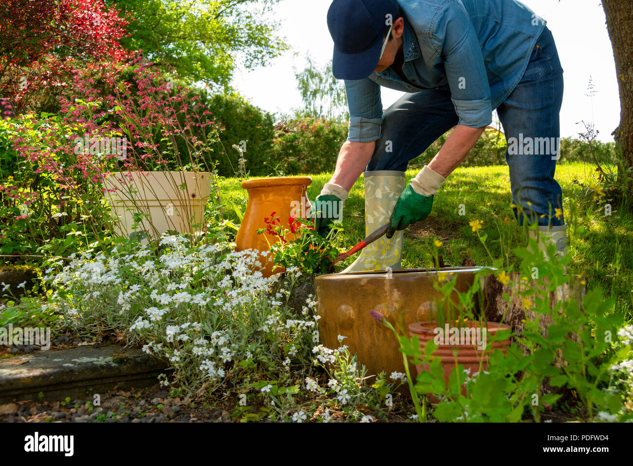 Symbol Bild Gartenarbeit, Frau Pflanzen Pflanzen in Töpfe, Frankreich, Europa Stockfoto