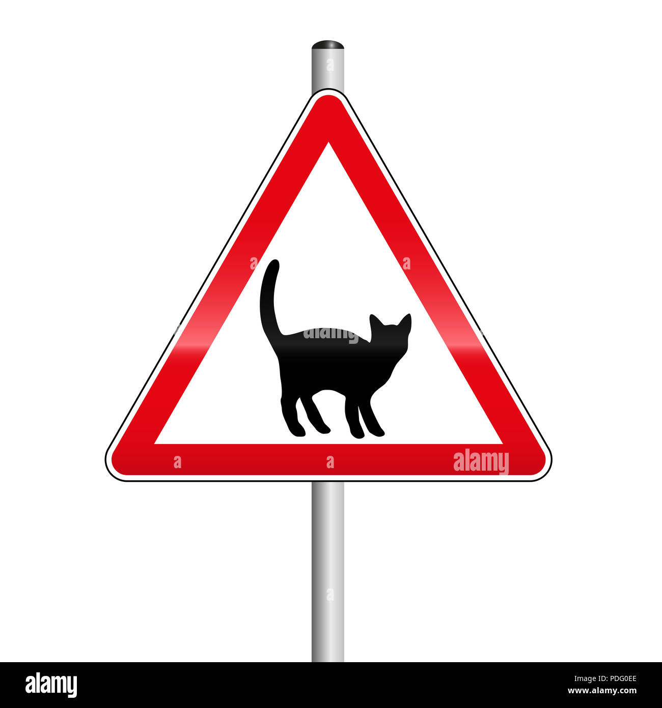 Achten Sie auf die Katzen auf der Straße. Rotes Dreieck Achtung Schild. Stockfoto