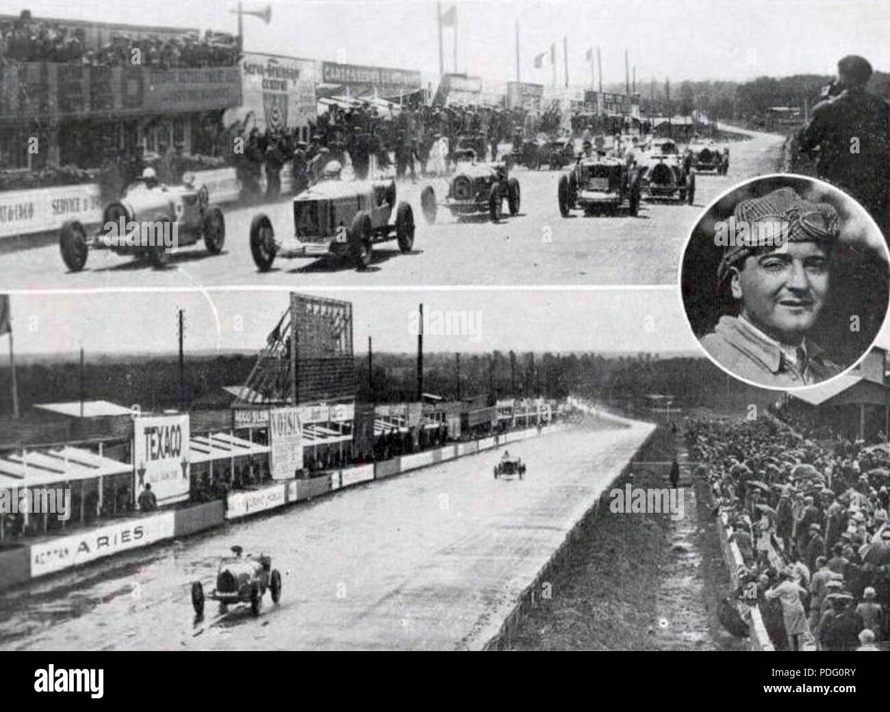144 Grand Prix de l'A.C.F. 1929, puis départ Kurs (médaillon Grover-Williams, Sieger Coupe pour la seconde fois) Stockfoto