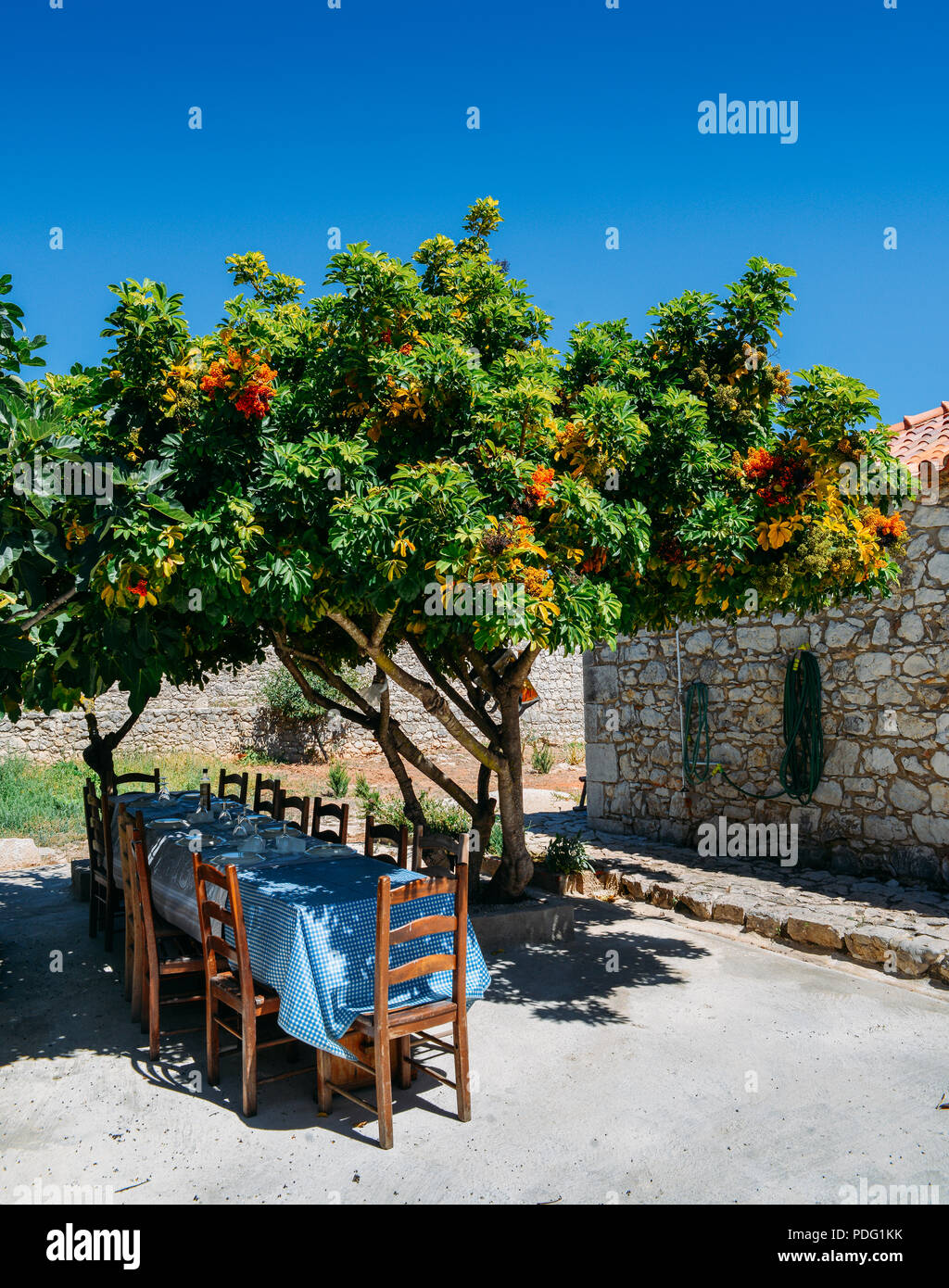 Esstisch aus Holz liegt in einem üppigen Garten, in Sesimbra, Setubal, Portugal Provinz erfasst Stockfoto