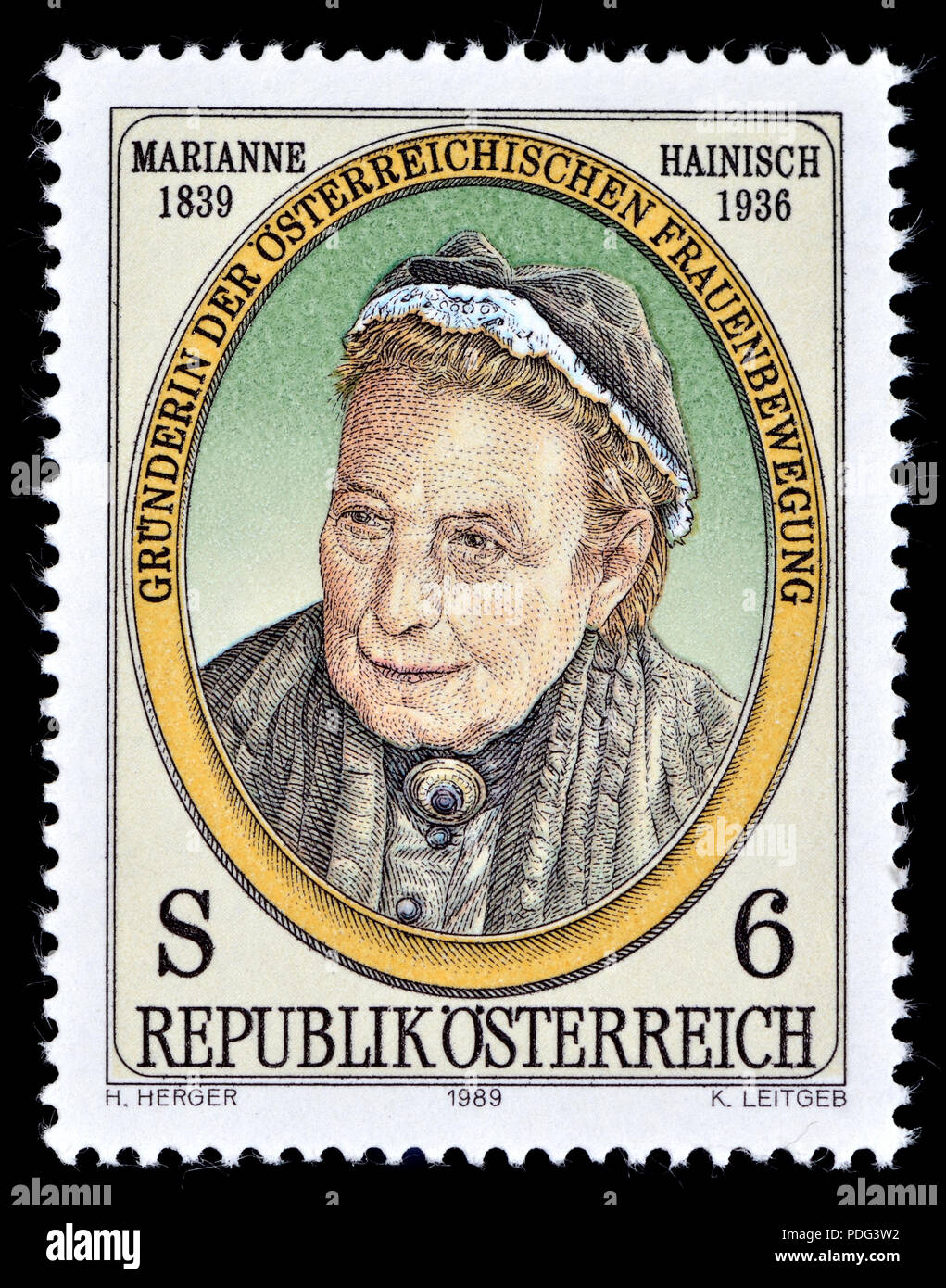 Österreichische Briefmarke (1989): Marianne Hainisch (geboren Marianne Perger: 1839 - 1936) Gründer und Leiter der Bewegung der österreichischen Frauen und Mutter Stockfoto