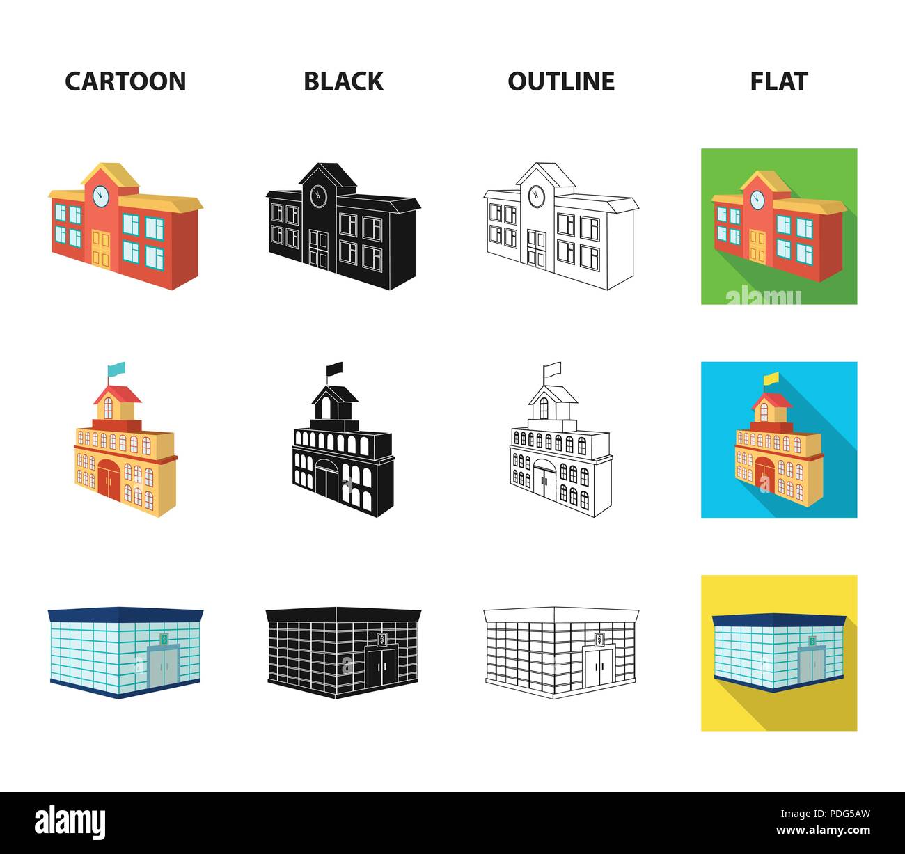 Bank office, Wolkenkratzer, Rathaus Gebäude, Hochschule Gebäude. Architektur und Struktur Sammlung Icons im Cartoon, schwarz, Outline, flacher Stil ve Stock Vektor