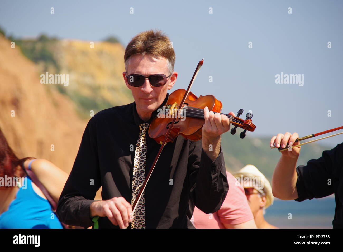 Peitsche die Katze Rapper und Musiker verstopfen, Geigen spielen. Sidmouth Folk Festival, East Devon, Großbritannien. August, 2018. Stockfoto