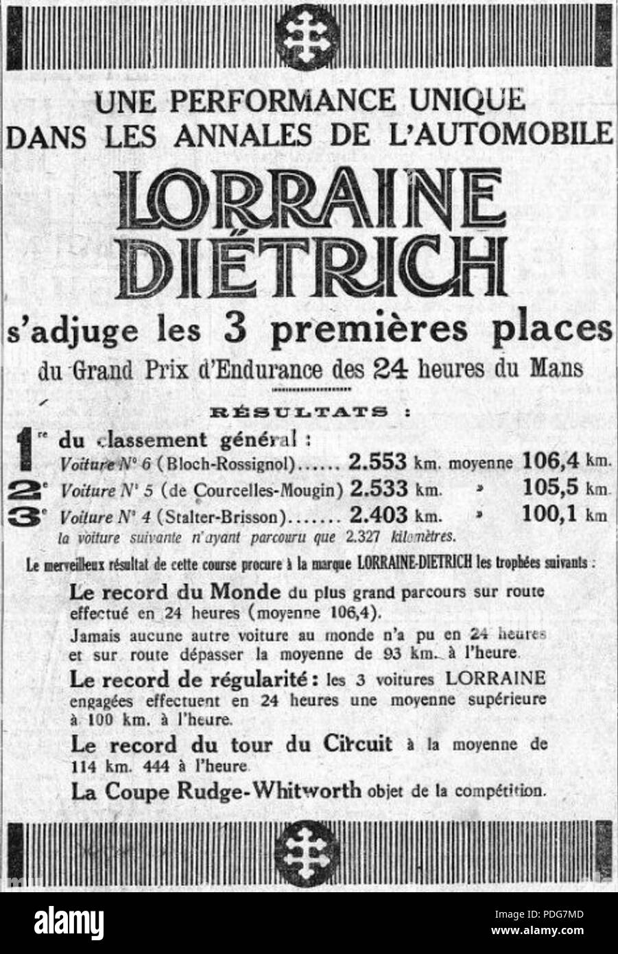211 Lorraine-Dietrich aux 24 Heures du Mans 1926 Stockfoto
