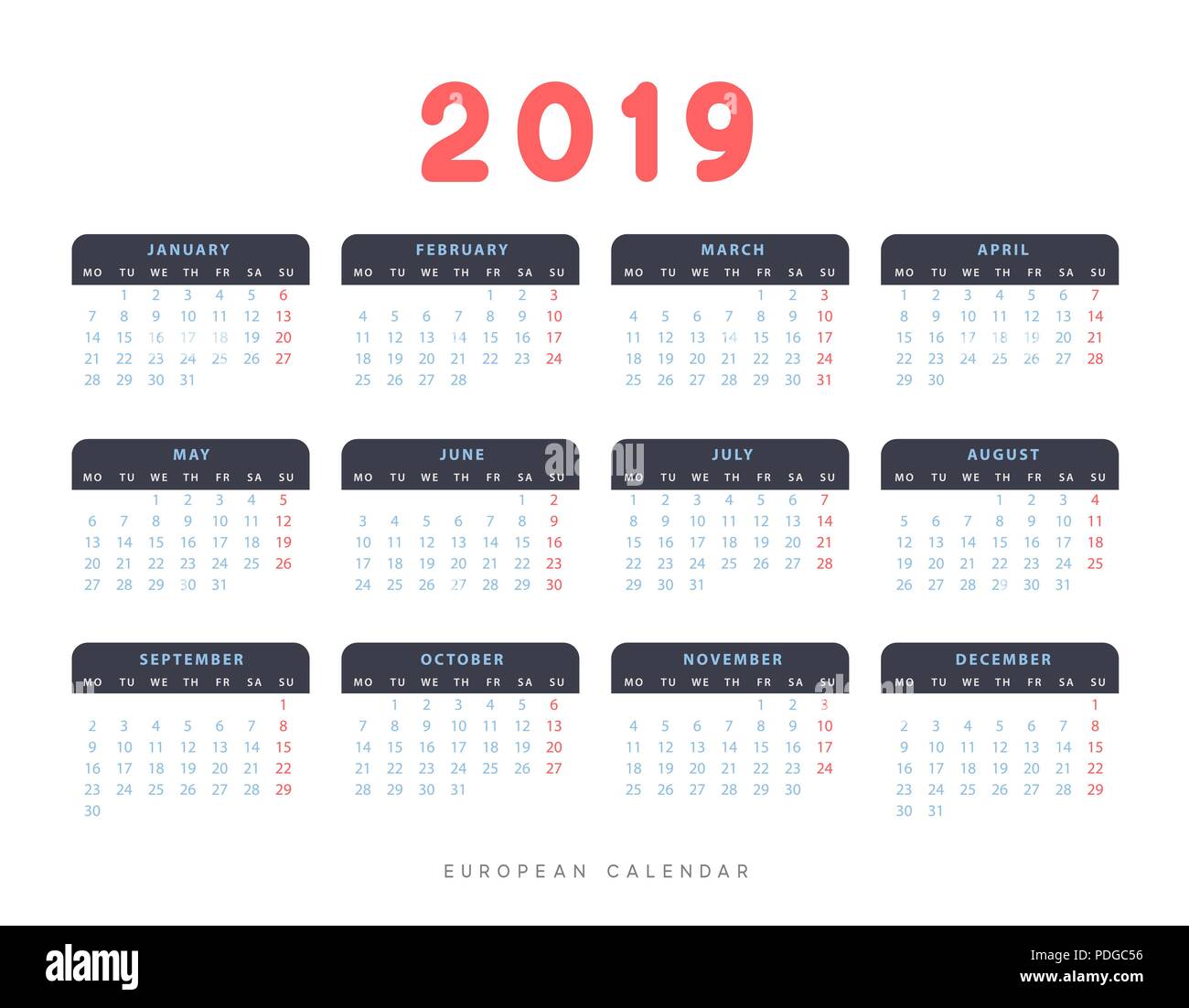 Einfache europäische Kalender für 2019 Jahre, die Woche beginnt am Montag. Stock Vektor