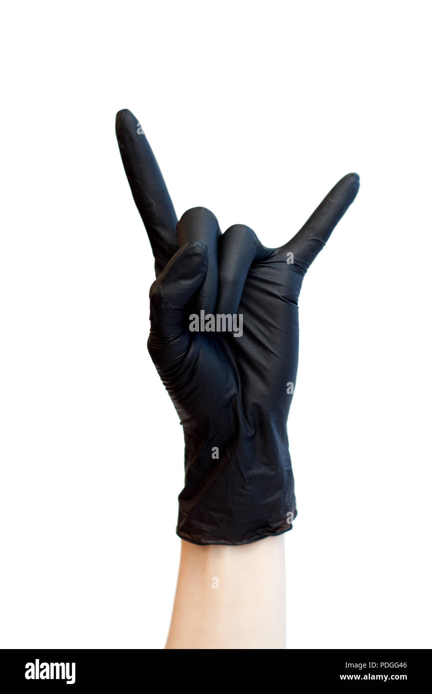 Rock Zeichen aus schwarzem medizinische Handschuhe. Finger zeigen Rock n Roll Symbol. Gesund, Vitamine, Impfung, Angst vor Injektionen, Medizin, Pharm Stockfoto