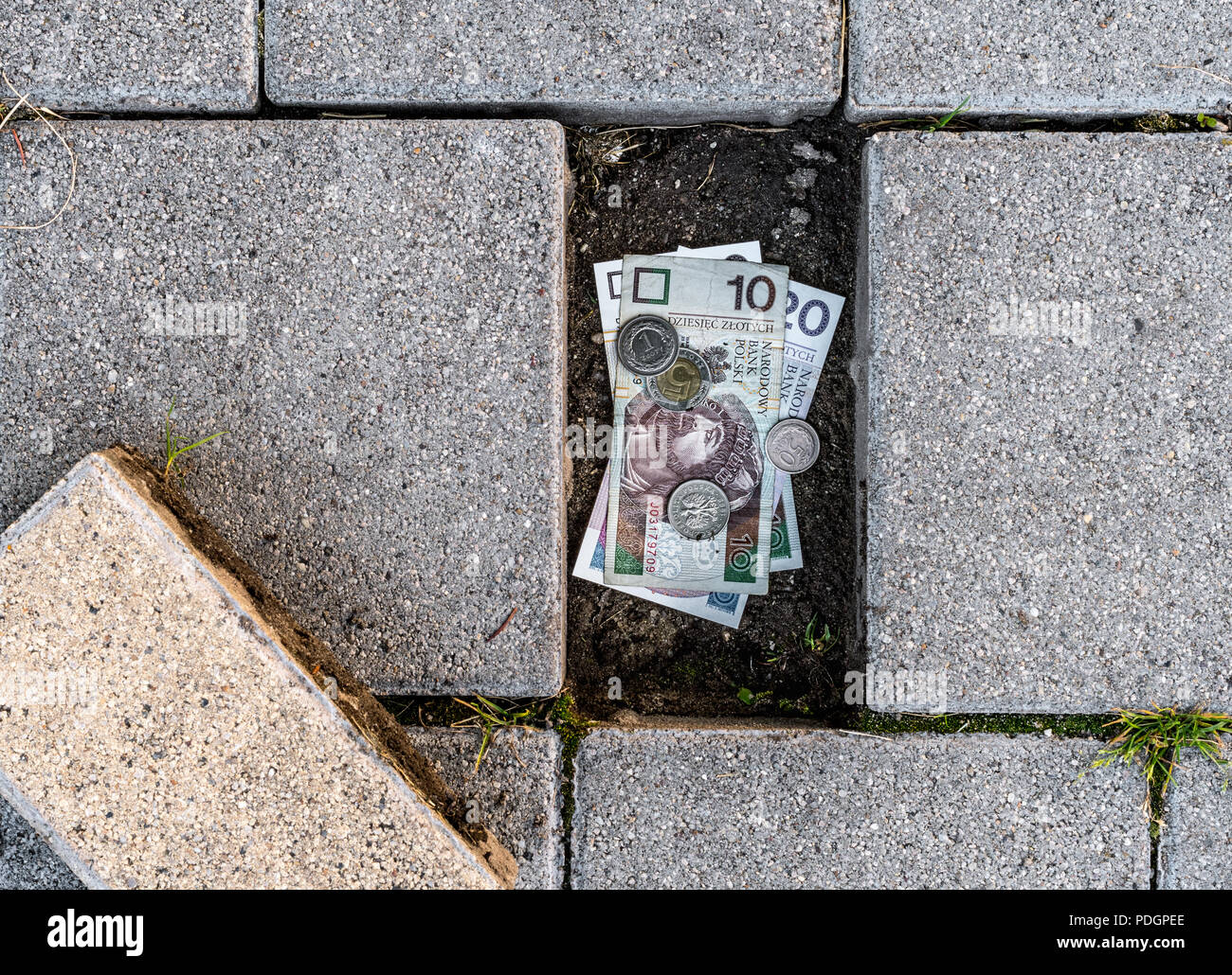 Polnischer Zloty Banknoten und Münzen im Rahmen einer losen Pflaster Ziegel gefunden. Konzept des Laufens aus persönlichen Ersparnissen Stockfoto