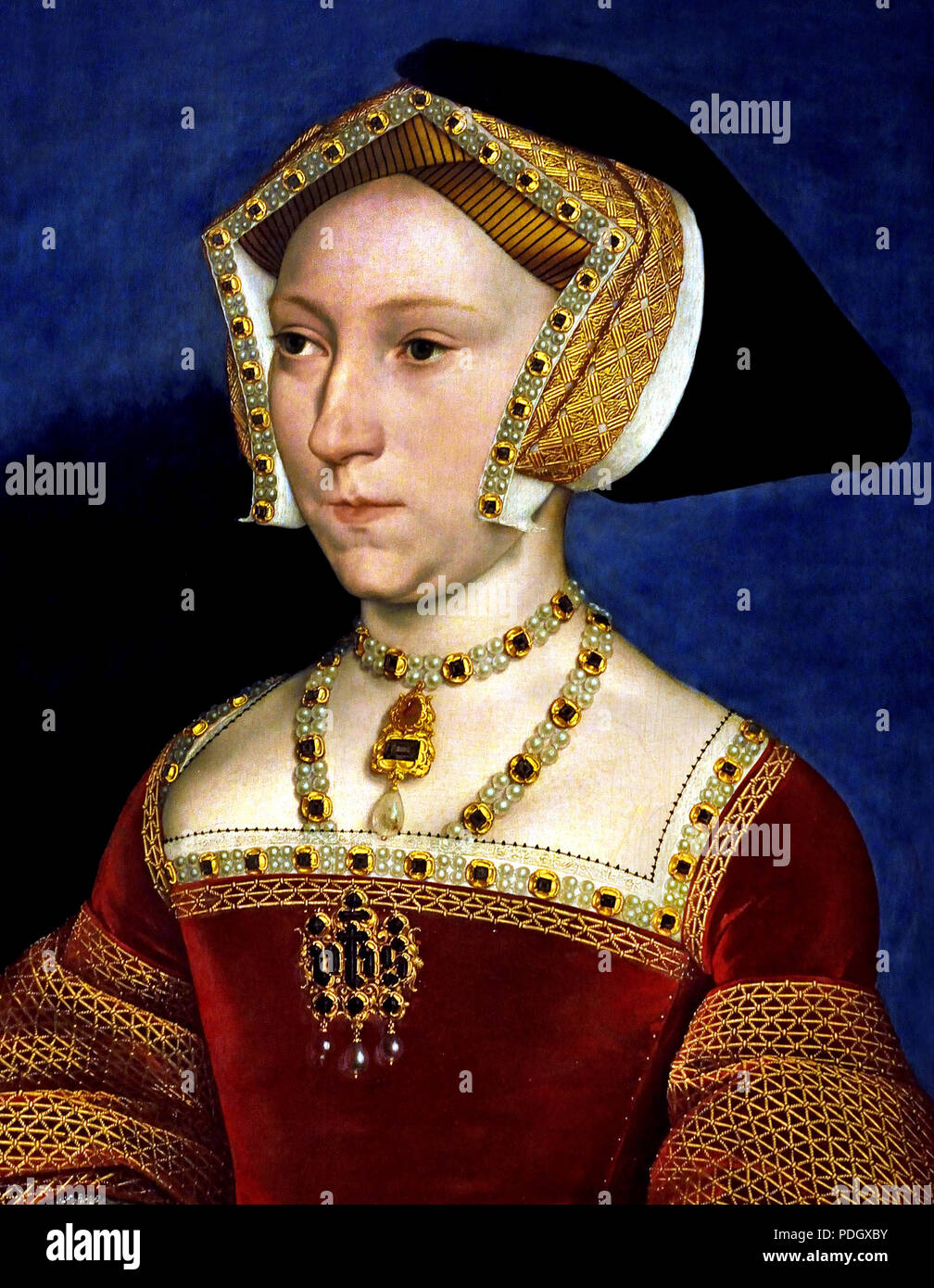 Jane Seymour (um 1509-1537 von Hans Holbein (der Jüngere) Deutscher Deutschland Jane Seymour mit dem Englischen König Henry VIII (1491 - 1547) als Herrscher verheiratet. Zwischen der Ehe des Paares am Ende Mai 1536, die von Jane's Proklamation an die Königin ein paar Tage später folgte und der frühe Tod des noch nicht dreissig Jahre alt, im Oktober 1537. Stockfoto