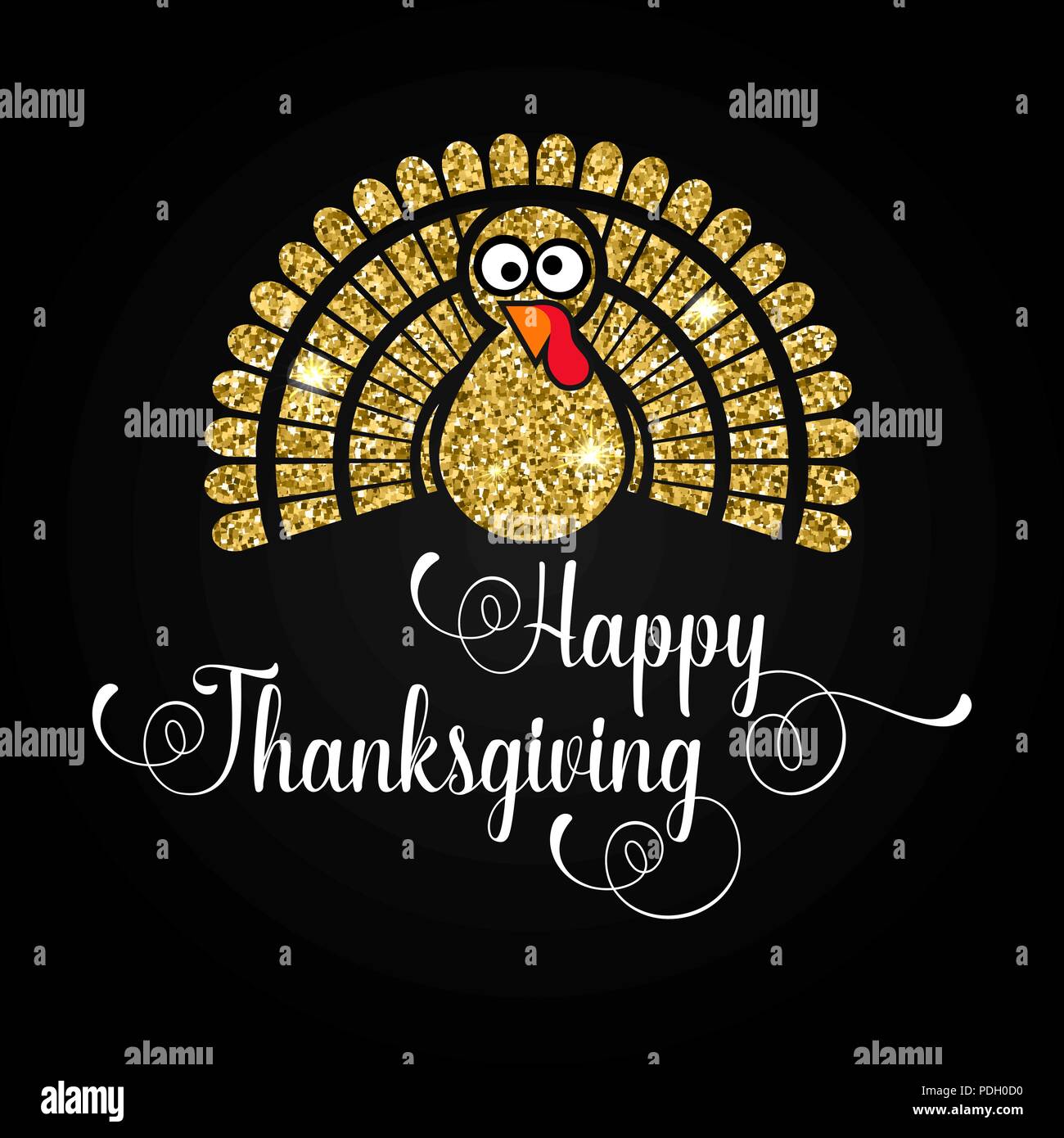 Happy Thanksgiving Day Grußkarte. Typografie Poster mit goldenen Türkei Silhouette und Text. Vector Illustration. Stock Vektor