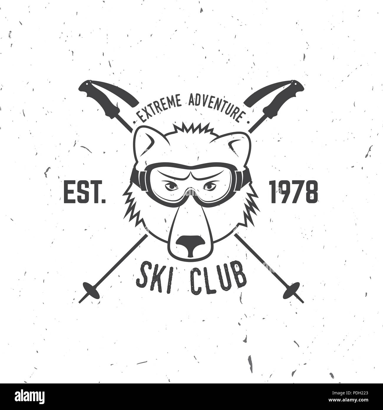 Ski Club Konzept. Vektor Ski Club retro Abzeichen. Konzept für T-Shirt, Druck, Siegel oder Stempel. Ski, Berge, Bär und Schutzbrille. Typografie Design - Lager vec Stock Vektor