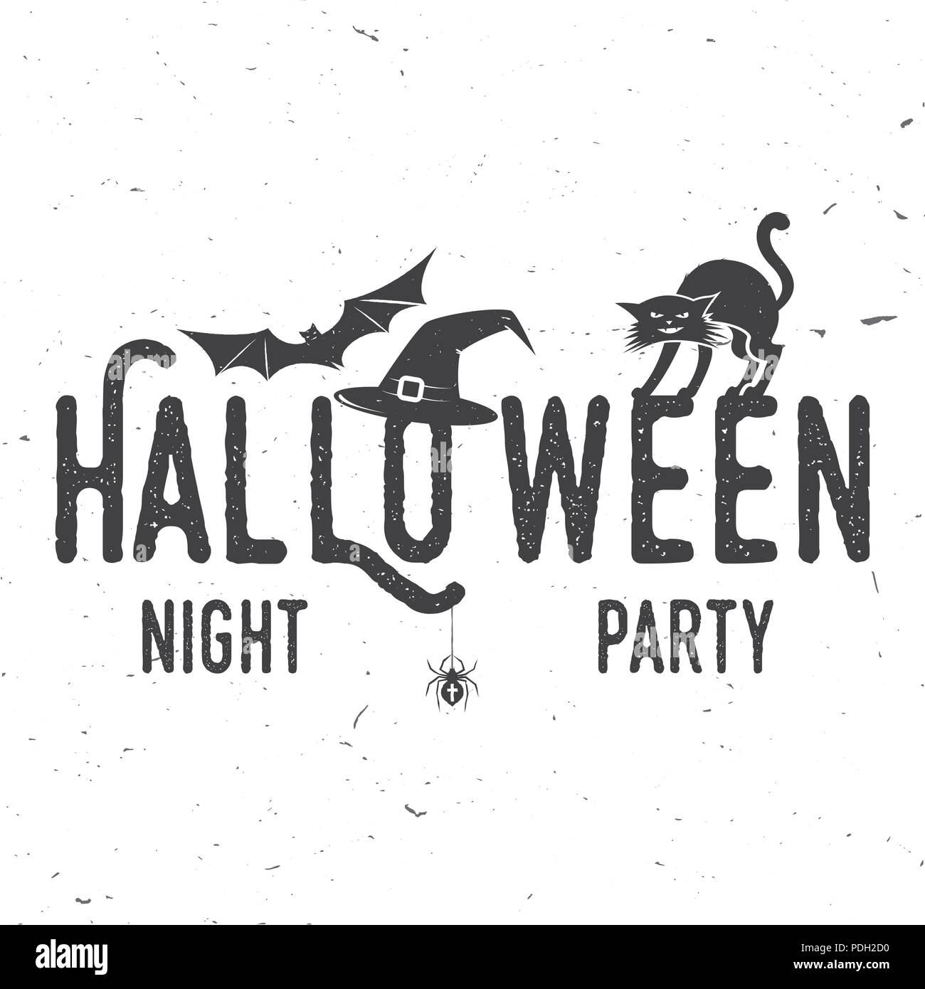 Halloween Nacht Party Konzept. Vektor Halloween retro Abzeichen. Konzept für Shirt, Logo, Print, Siegel oder Stempel. Spider, bat, Hut und Katze. Typografie Desig Stock Vektor