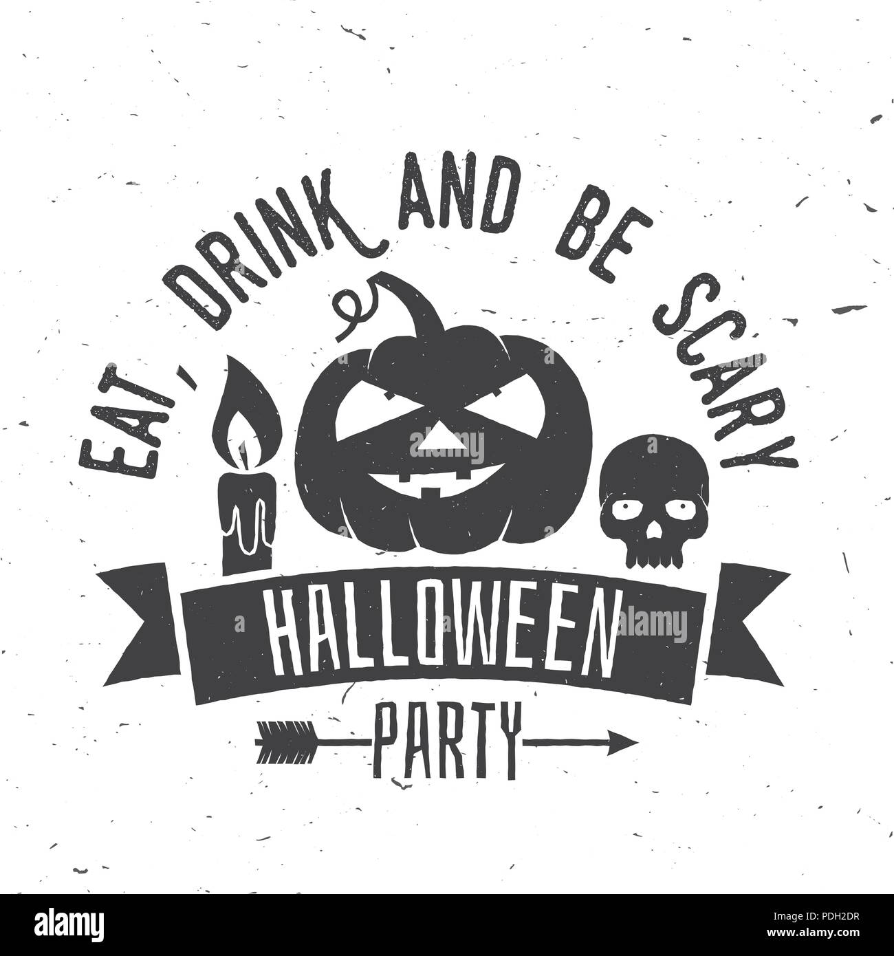 Essen, Trinken und beängstigend sein. Halloween Nacht Party Konzept. Vektor Halloween retro Abzeichen. Konzept für Shirt, Logo, Print, Siegel oder Stempel. Kürbis, Kerze, Stock Vektor
