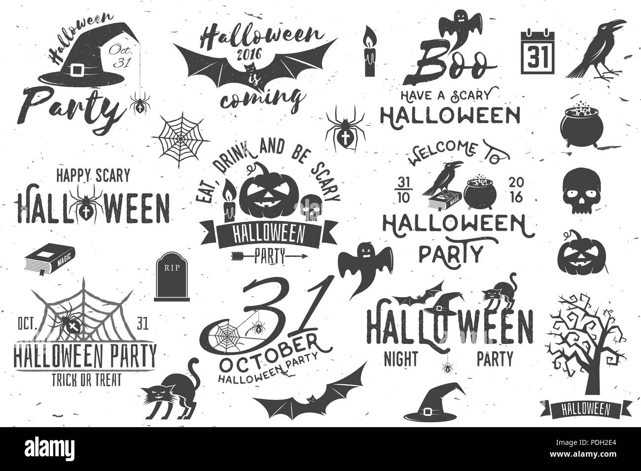 Halloween vintage Symbol, Emblem oder Label und gestalterische Elemente. Vector Illustration. Halloween gehören die Katze, Kürbis, Fledermaus, Krähe, Schädel, Baum, Kerze, Stock Vektor