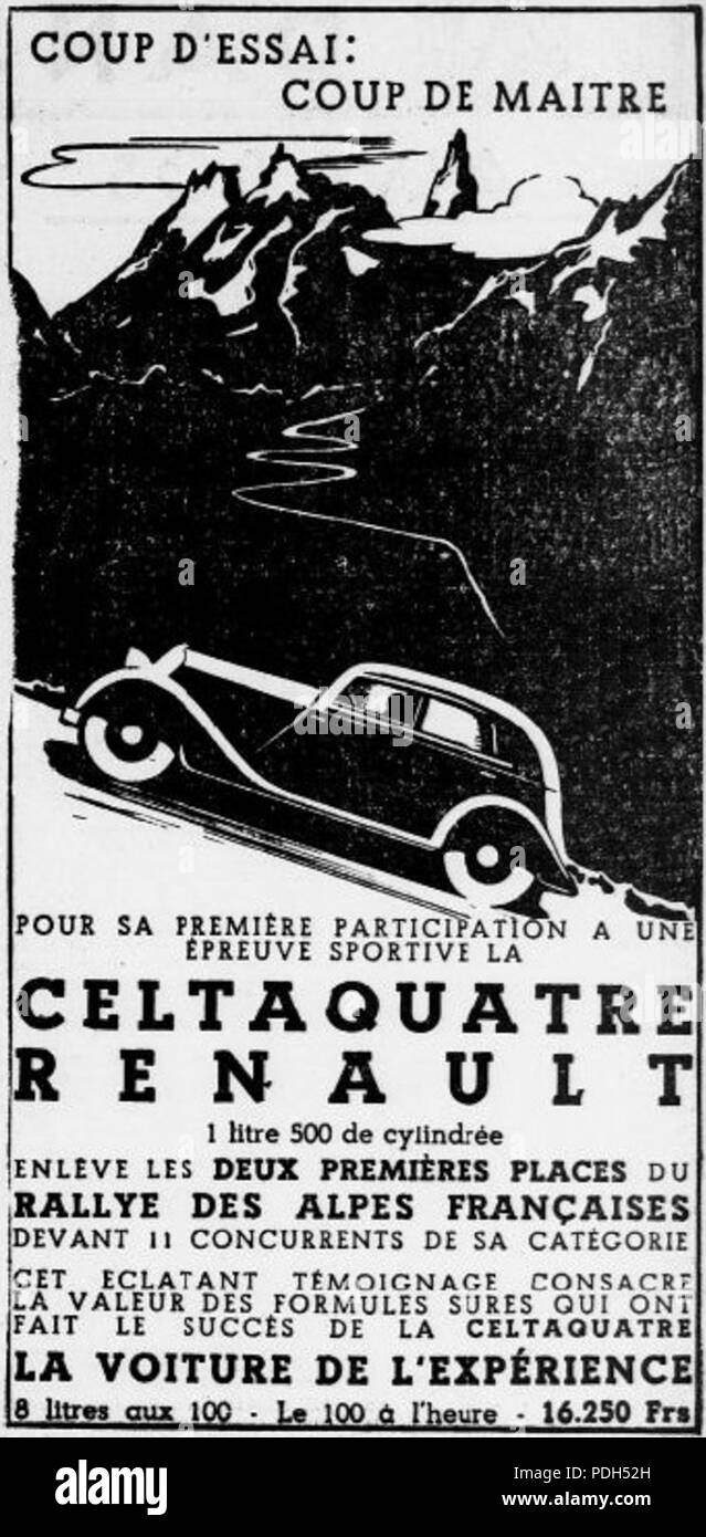 274 Publicité pour la victorieuse Celtaquatre Renault, du Rallye des Alpes françaises en 1934 Stockfoto