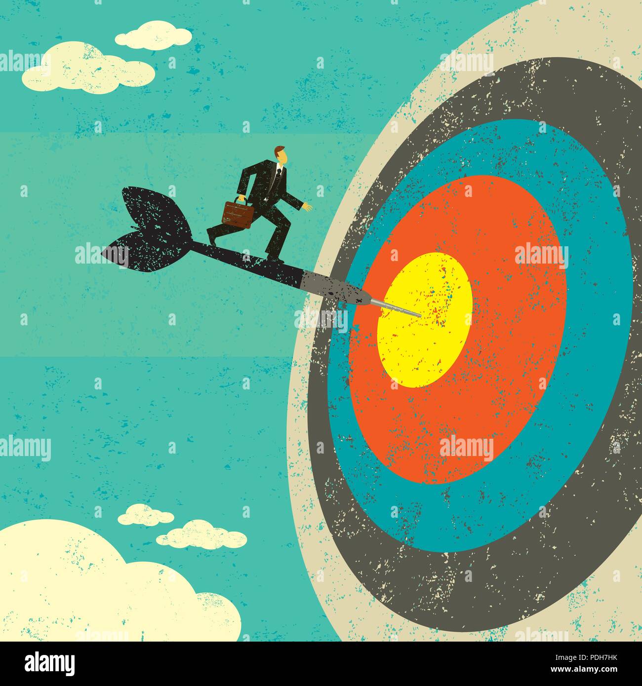 Treffen des Ziels. Geschäftsmann auf einem Dart schlagen das Auge des Stiers. Stock Vektor