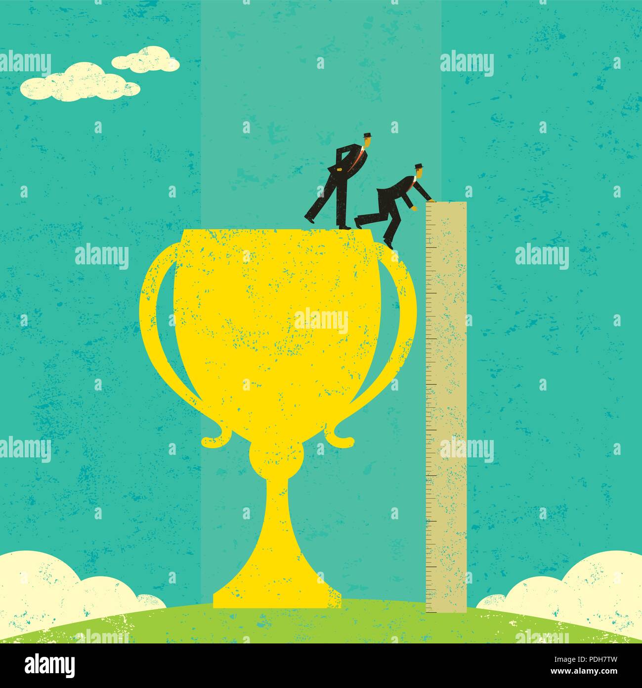 Unternehmer Erfolg messen. Ein Business Team mit einem Lineal ihre Trophäe zu messen. Stock Vektor