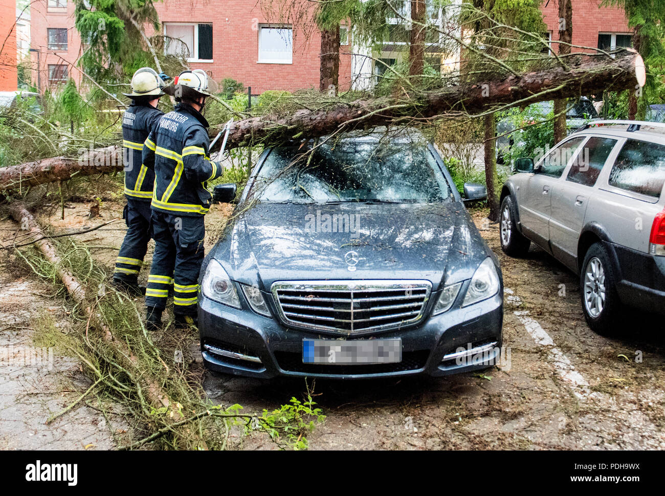 Hamburg, Deutschland. 09 Aug, 2018. Feuerwehrmänner sägen ein Baum auf ein Auto in der Lohbruegge Bezirk nach einem Sturm liegt. Credit: Daniel Bockwoldt/dpa/Alamy leben Nachrichten Stockfoto