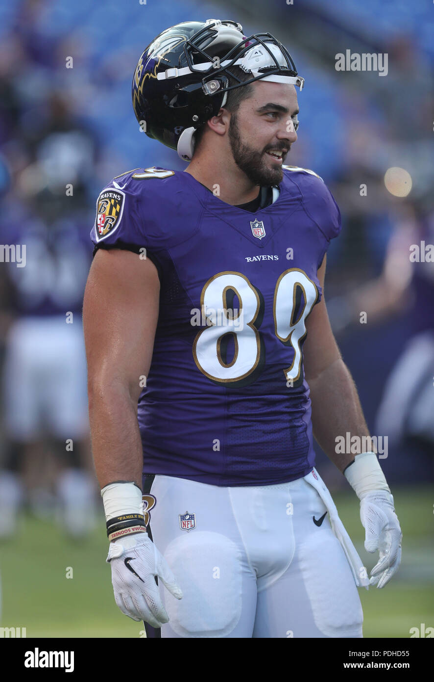 Baltimore Ravens TE Mark Andrews (89) dargestellt, während des Warm-ups vor Beginn der preseason matchup gegen die Los Angeles Rams bei M&T Bank Stadium in Baltimore, MD, am 9. August 2018. Foto/Mike Buscher/Cal Sport Media Stockfoto