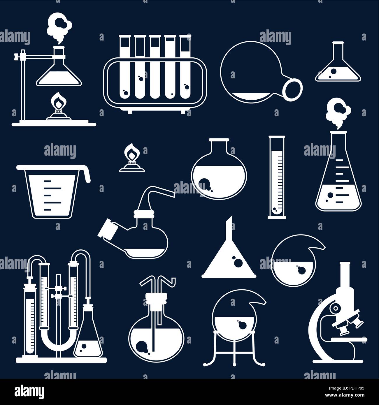 Eingestellt von Laborgeräten weißen Icons. Chemische und physikalische Wissenschaft Stock Vektor